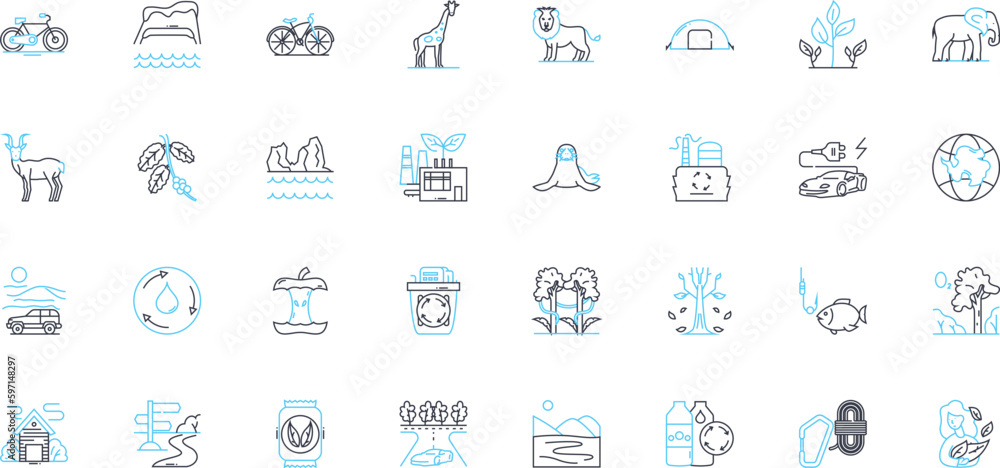 Climate change linear icons set. Warming, Pollution, Greenhouse, Drought, Flood, Melting, Sustainability line vector and concept signs. Carbon,Emissions,Deforestation outline illustrations