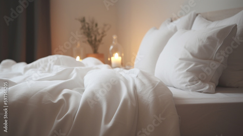 Photo White bedding sheets and pillow background, Messy bed concept created with gener