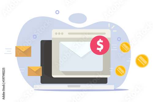 Email marketing money conversion flow icon vector graphic, affiliate influence mail income as newsletter subscription program, digital website advertising income on laptop computer image clipart