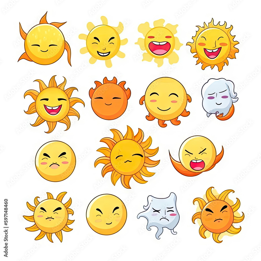 Sun and moon emoji set, white background Sun and moon emoji set, white background