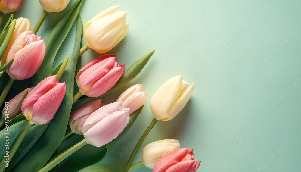 Bouquet of colored tulips flowers on a green pastel background. AI generated Bouquet of colored tulips flowers on a green pastel background. AI generated