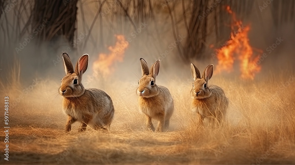 Scared rabbits family runs away from grassland fire, largest prairie