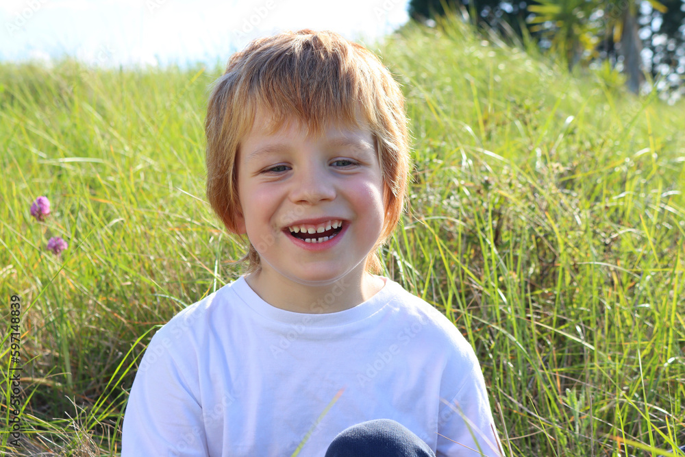 Smiling little blond boy sitting on the grass in a meadow. Joyful five year old boy Smiling little blond boy sitting on the grass in a meadow. Joyful five year old boy
