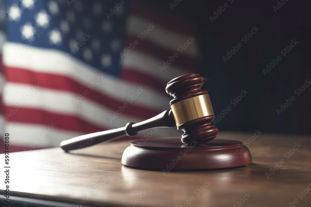 A judges gavel hammer with an American flag. USA law and order. Generative ai