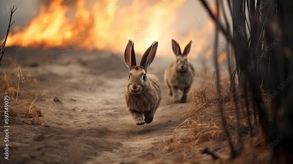 Scared rabbits family runs away from grassland fire, largest prairie