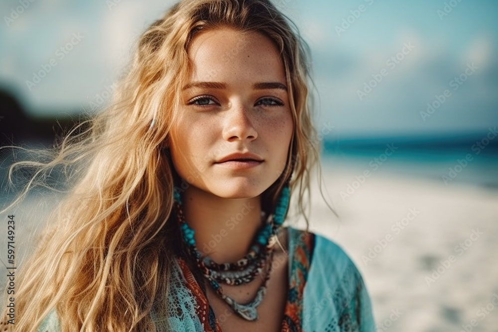 Portrait of beautiful woman standing on the beach, wearing stylish boho dress and jewlery, Generative ai Portrait of beautiful woman standing on the beach, wearing stylish boho dress and jewlery, Generative ai