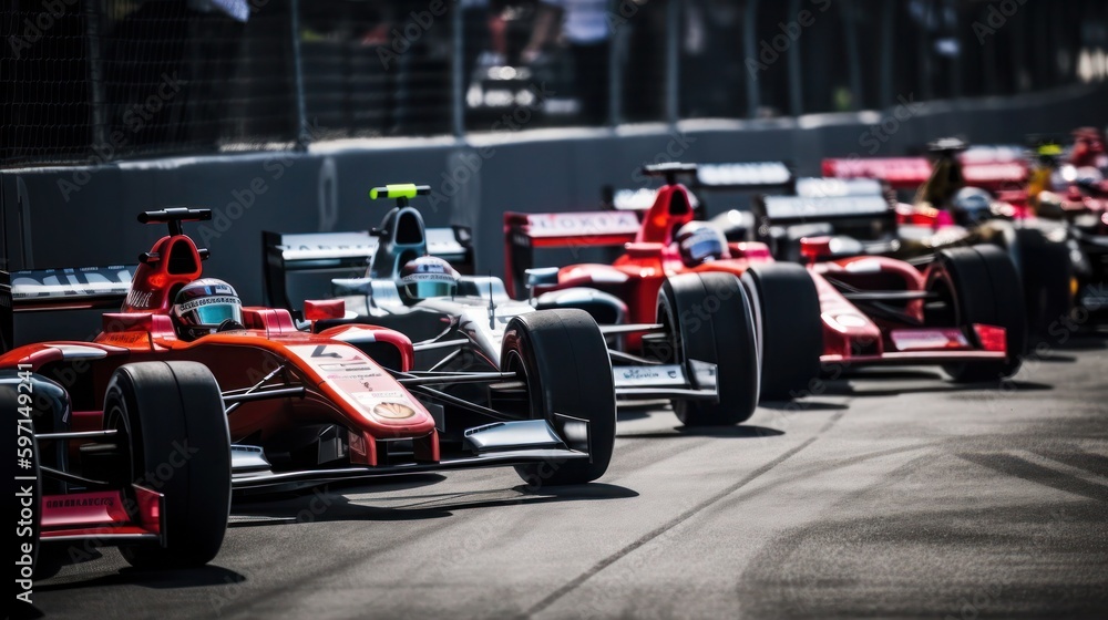 Formula 1 racing cars at start line, generative ai