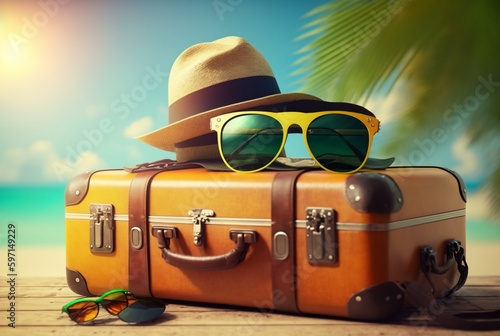 luggage bag with hat and glasses for travel with beach background. summer photo concept. generative ai