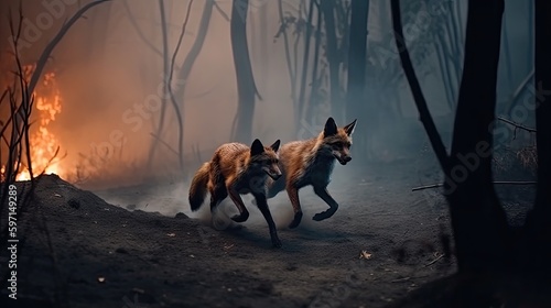 Scared foxes family runs away from forest fire, largest wildfire in woods natural disaster, frightened foxes fleeing for save their lives, thick acrid smoke from burning woods, generative AI photo