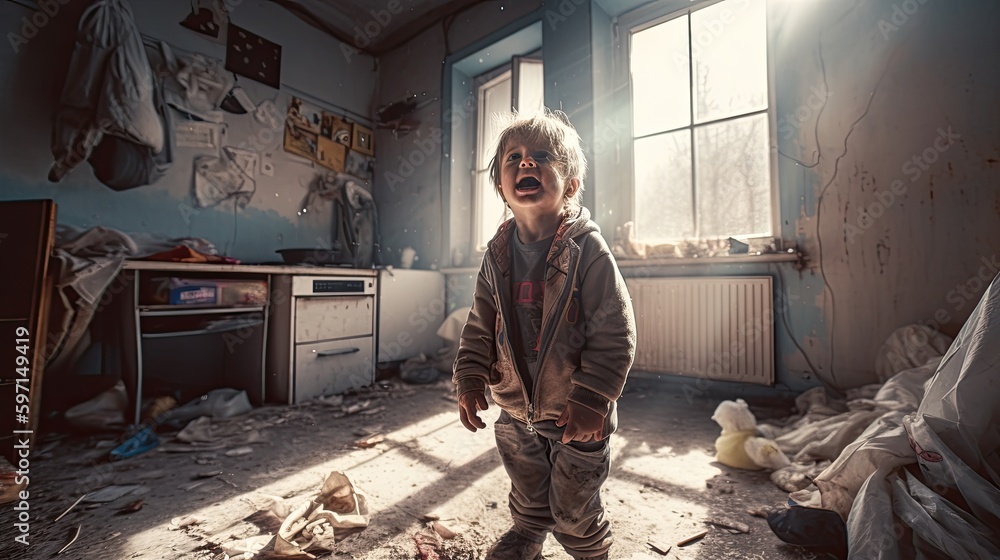 Crying sad boy in dirty cluttered apartment, child from dysfunctional