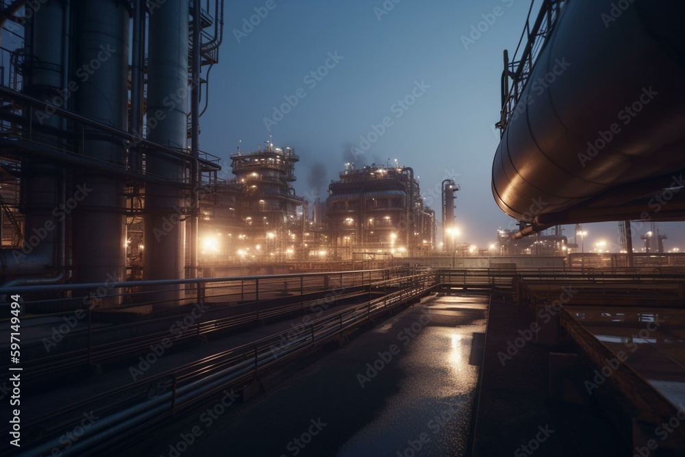 Oil production facility located near waterway. Generative AI