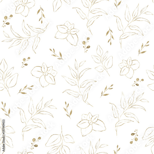 Floral seamless pattern with gold leaves and branches.