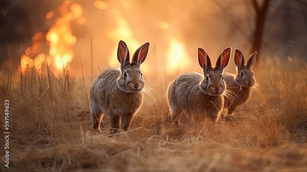 Scared rabbits family runs away from grassland fire, largest prairie