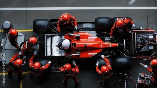 Formula 1, racing car at pit stop, maintenance technical team, generative ai