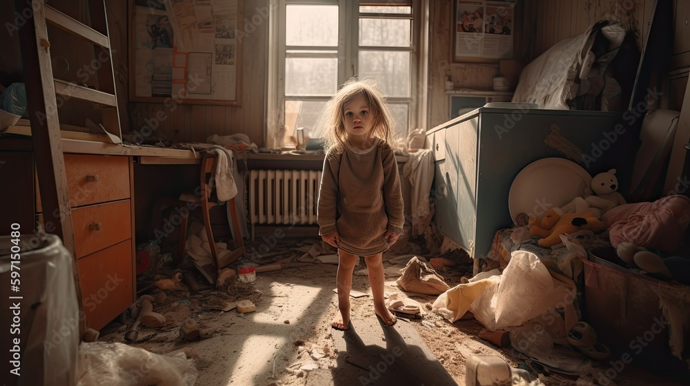 Crying sad girl in dirty cluttered apartment, child from dysfunctional