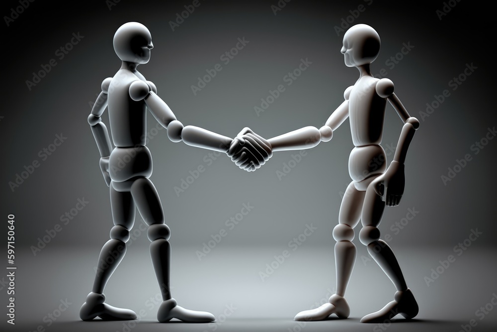 Two mannequins shaking hands over dark background Two mannequins shaking hands over dark background