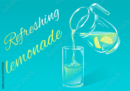 Vector image with glass jug from which lemonade is poured into glass. Illustration in retro style on blue background.