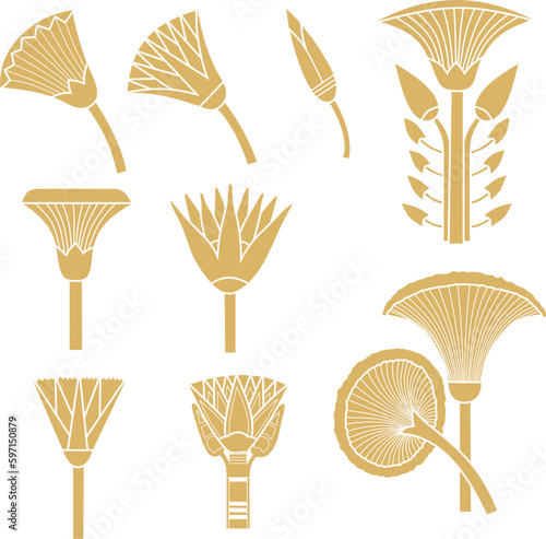 Vector gold monochrome set of ancient Egyptian signs and symbols. Lotus flower.