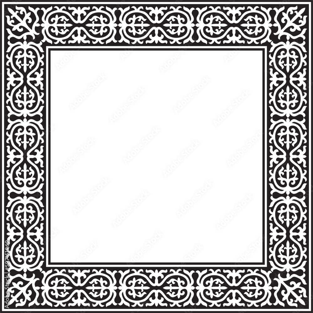 Vector black monochrome square Kazakh national ornament. Ethnic pattern of the peoples of the Great Steppe, .Mongols, Kyrgyz, Kalmyks, Buryats. Square frame border.