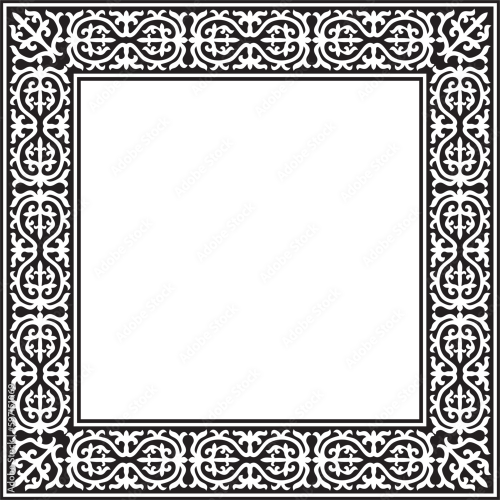 Vector black monochrome square Kazakh national ornament. Ethnic pattern of the peoples of the Great Steppe, .Mongols, Kyrgyz, Kalmyks, Buryats. Square frame border. Vector black monochrome square Kazakh national ornament. Ethnic pattern of the peoples of the Great Steppe, .Mongols, Kyrgyz, Kalmyks, Buryats. Square frame border.