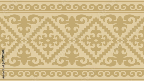 Vector golden seamless Kazakh national ornament. Ethnic endless pattern of the peoples of the Great Steppe, Mongols, Kyrgyz, Kalmyks, .Buryats. circle, frame border. photo