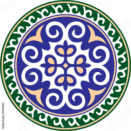 Vector colored round Kazakh national ornament. Ethnic pattern of the peoples of the Great Steppe, Mongols, Kyrgyz, Kalmyks, .Buryats. circle, frame border.