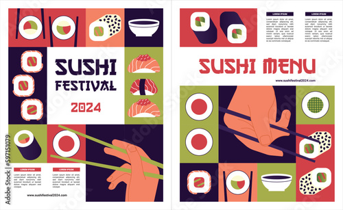 Abstract food posters. Asian sushi menu background.  Japanese cuisine banner. Vector set