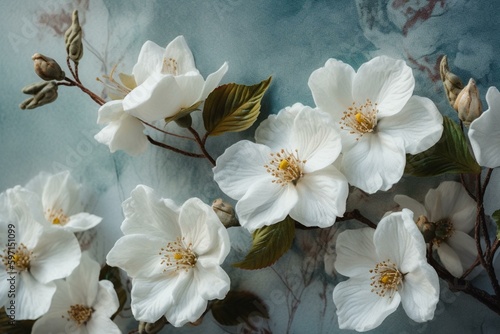 Decorative background with nature's white flowers painted on a light-colored canvas. Generative AI