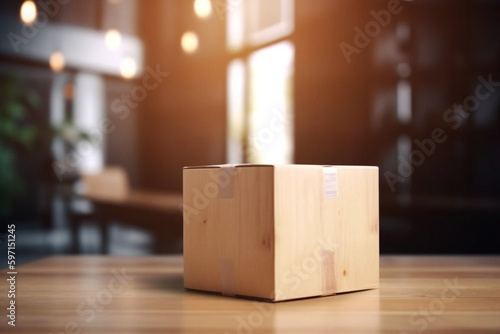 Parcel Box on Wooden Board Table Top with Blurred Interior and Home Background, Mockup for Product Display © Thares2020