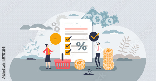 Supplier relationship and business partners communication tiny person concept. Price plan negotiation and financial agreement for regular orders vector illustration. Discount percentage management.