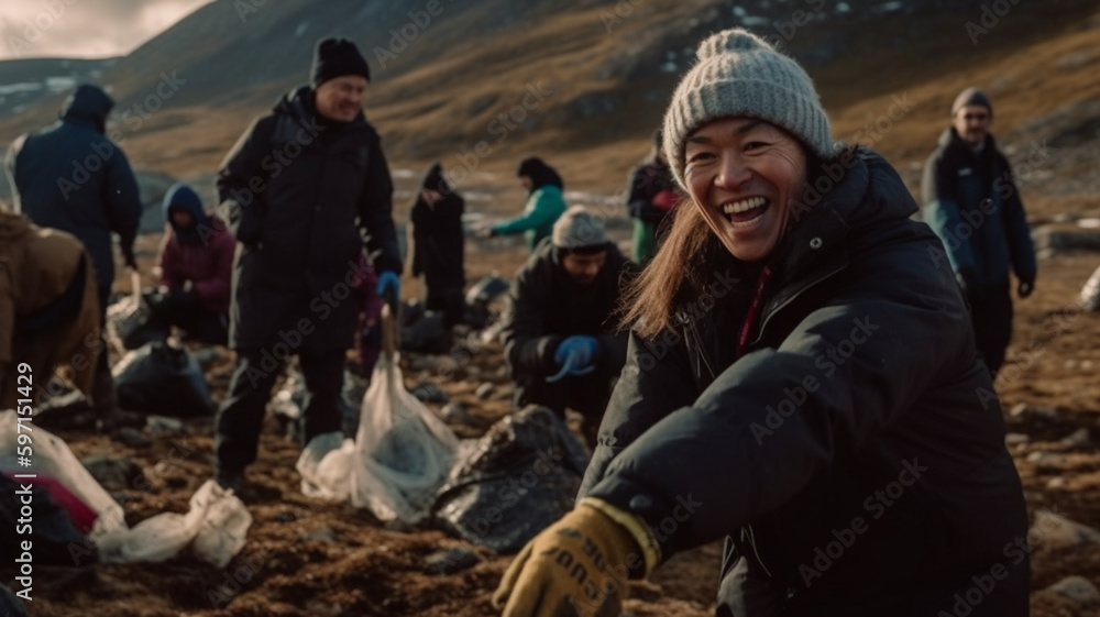 Fototapeta premium Volunteers picking up trash on the beach. Ecology concept. Ai generative