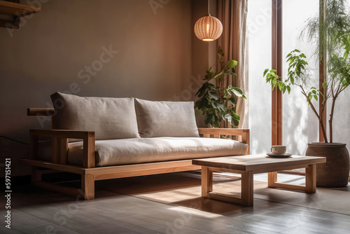 Sofa for interior architecture with Japan style, minimalist design with clean lines and a neutral color palette. It is low to the ground and made of natural materials such as wood and fabric.