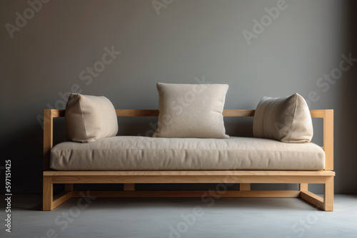 Sofa for interior architecture with Japan style, minimalist design with clean lines and a neutral color palette. It is low to the ground and made of natural materials such as wood and fabric.