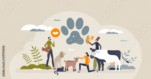 Animal welfare with best veterinary treatment and care tiny person concept. Ethical wildlife and domestic mammals protection and friendly attitude vector illustration. Dog and cat happiness awareness