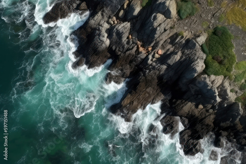 Aerial top view of sea waves and rocky coast, created with Generative AI technology