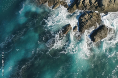 Aerial top view of sea waves and rocky coast, created with Generative AI technology