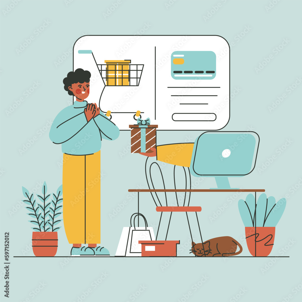 Gift or reward with arm outstretched from computer monitor from online store, purchase and shopping. Bonus and loyalty cartoon illustration. Vector concept Gift or reward with arm outstretched from computer monitor from online store, purchase and shopping. Bonus and loyalty cartoon illustration. Vector concept
