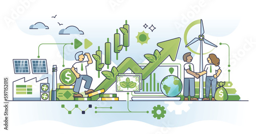 Green finance and impact investing for sustainable business outline concept. Environmental investment evaluation with renewable resources consumption vector illustration. Economy and climate goal.