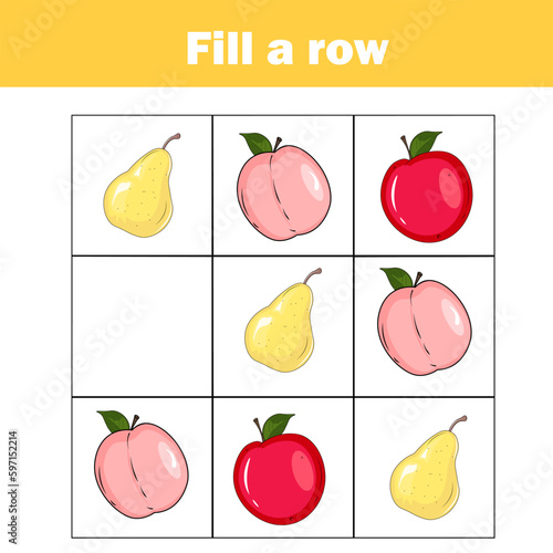 What comes next educational children game. Kids activity sheet, training logic, continue the row task