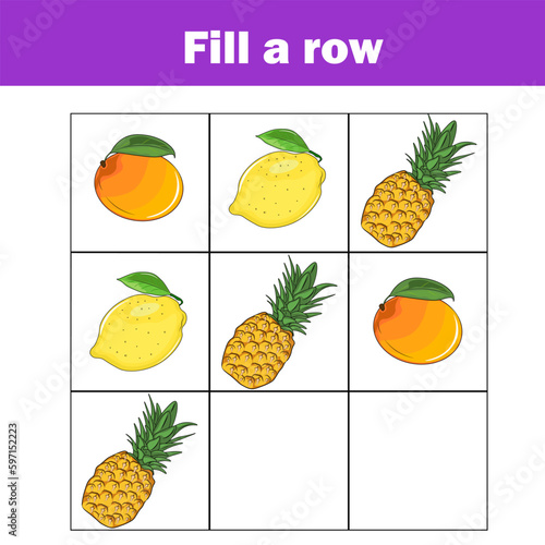 What comes next educational children game. Kids activity sheet, training logic, continue the row task