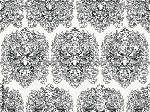 Barong Traditional Bali mask. Black and white for logo, print, textile. seamless pattern