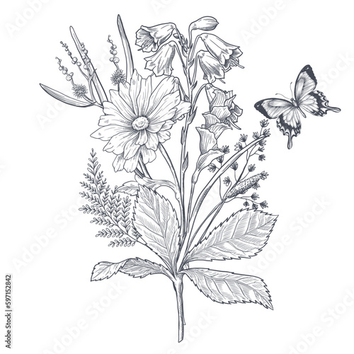 A bouquet of early spring flowers. Botanical style of engraving illustration. Vector. Black and white