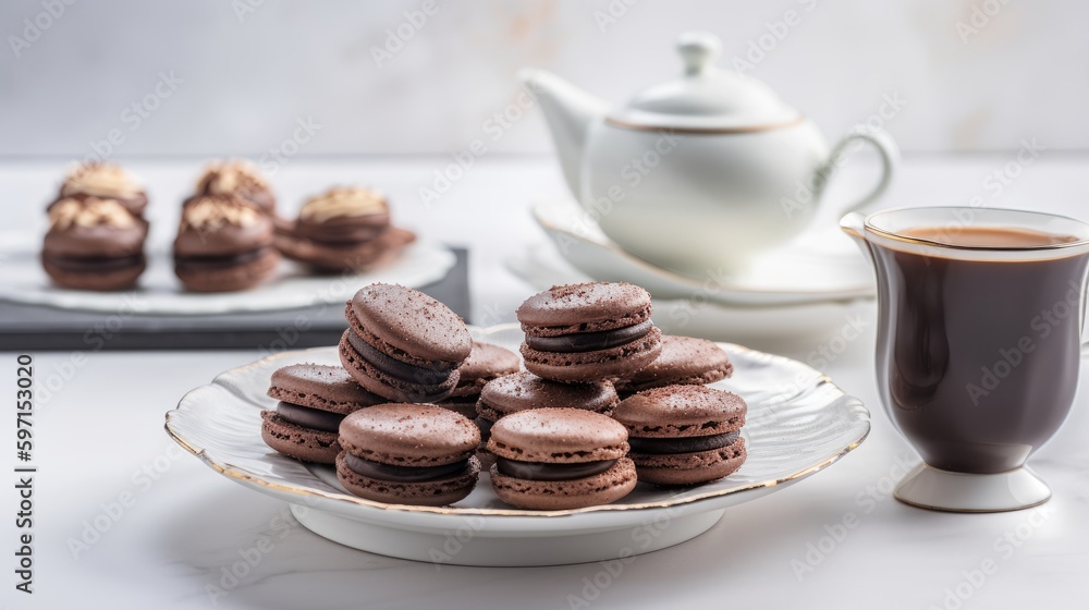 National Chocolate Macaroon Day scene with a display of delicious chocolate cakes on a white plate. Generative AI National Chocolate Macaroon Day scene with a display of delicious chocolate cakes on a white plate. Generative AI