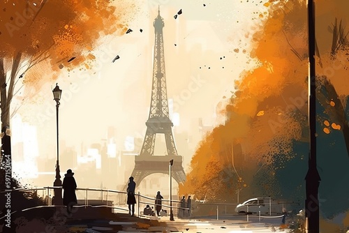 Paris autumn. Illustration, golden hour. Generative AI.