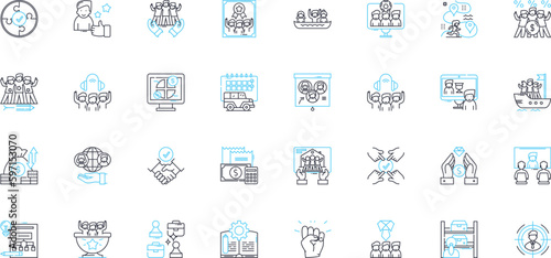 Crew group linear icons set. Unity, Collaboration, Coherence, Organization, Cohesion, Cooperation, Fellowship line vector and concept signs. Partnership,Collaboration,Coordination outline