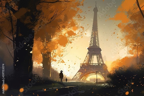 Paris autumn. Illustration  golden hour. Generative AI