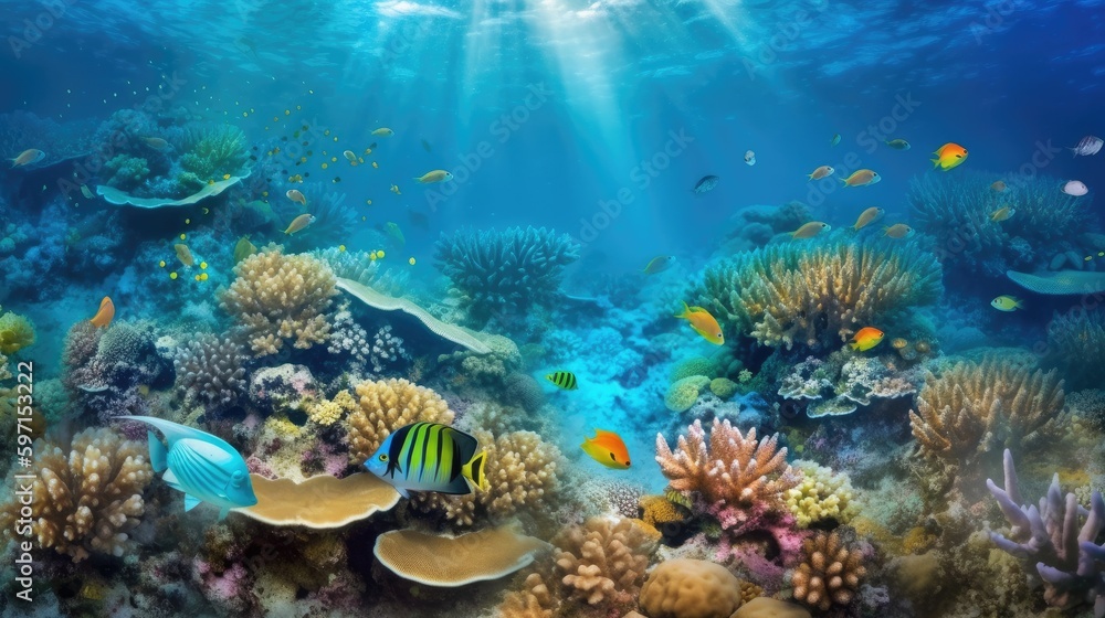 National Oceans Month underwater scene showcasing the beautiful sea creatures. Generative AI