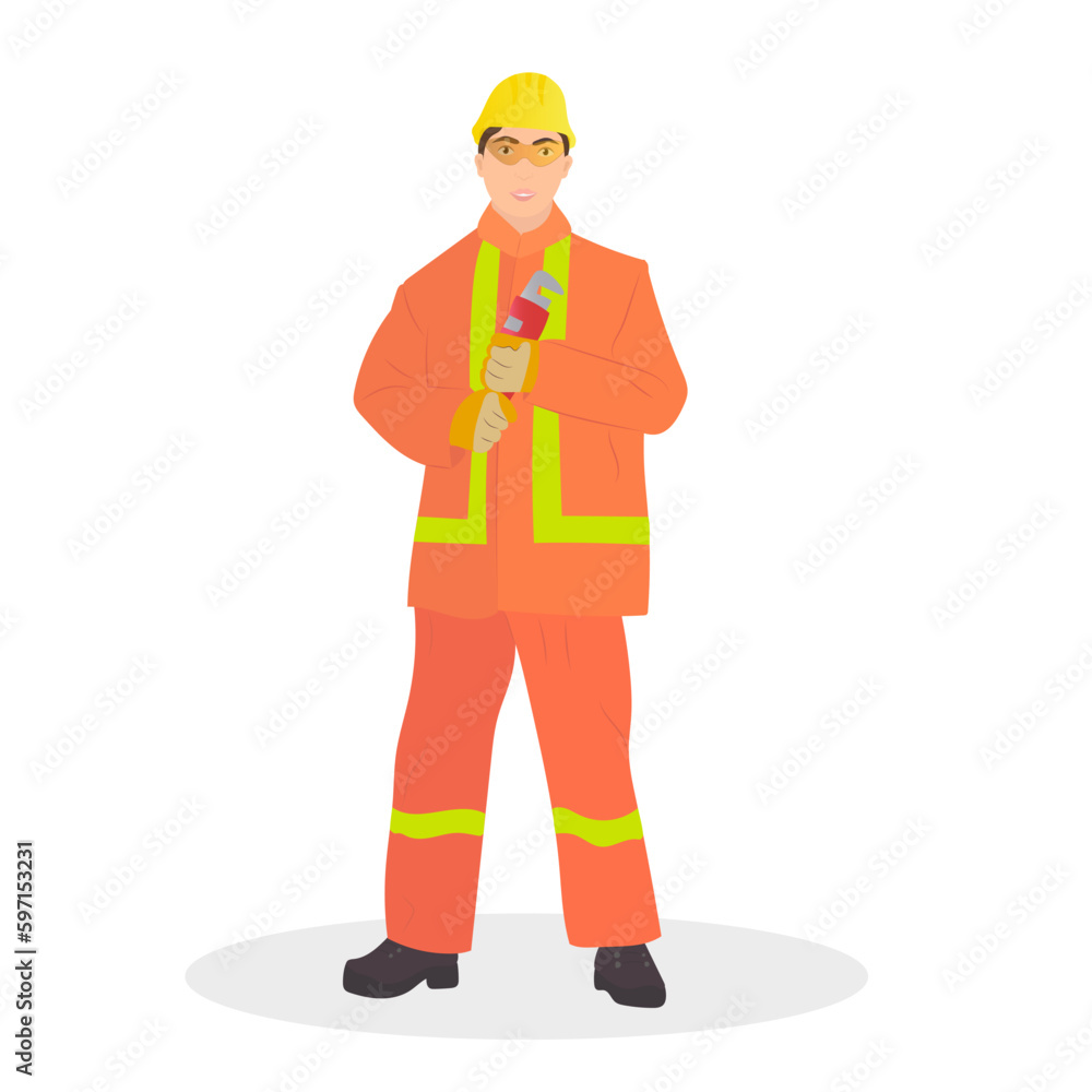 A worker in an orange work uniform is holding a wrench. Flat cartoon illustration A worker in an orange work uniform is holding a wrench. Flat cartoon illustration