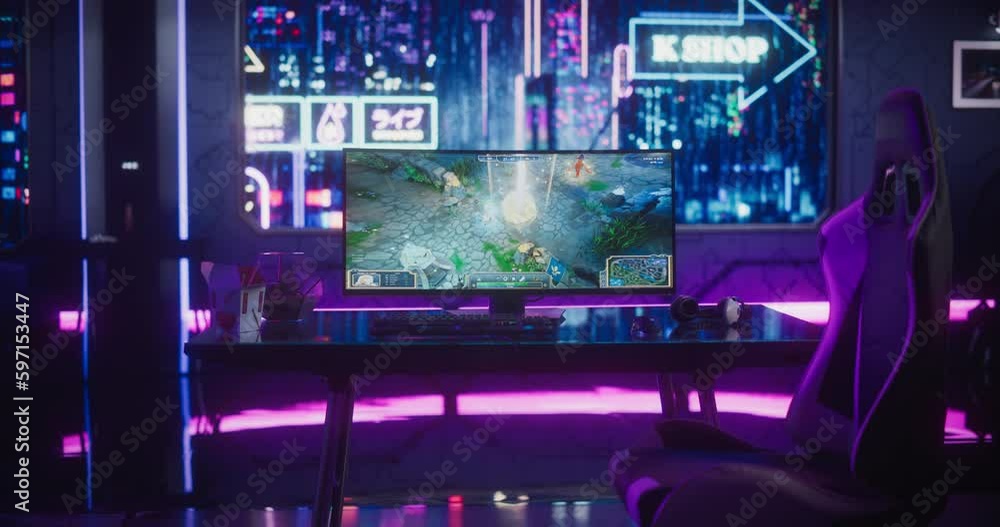 Empty Gaming Station with Computer Screen Showing Fantasy RPG Strategy Video Game. Online eSports Gaming Tournament Live Stream. Monitor on a Table in a Futuristic Cyberpunk Room with Neon Light Empty Gaming Station with Computer Screen Showing Fantasy RPG Strategy Video Game. Online eSports Gaming Tournament Live Stream. Monitor on a Table in a Futuristic Cyberpunk Room with Neon Light