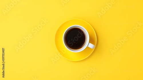 Top view of a white coffee cup on a yellow saucer and yellow background. Generative AI photo
